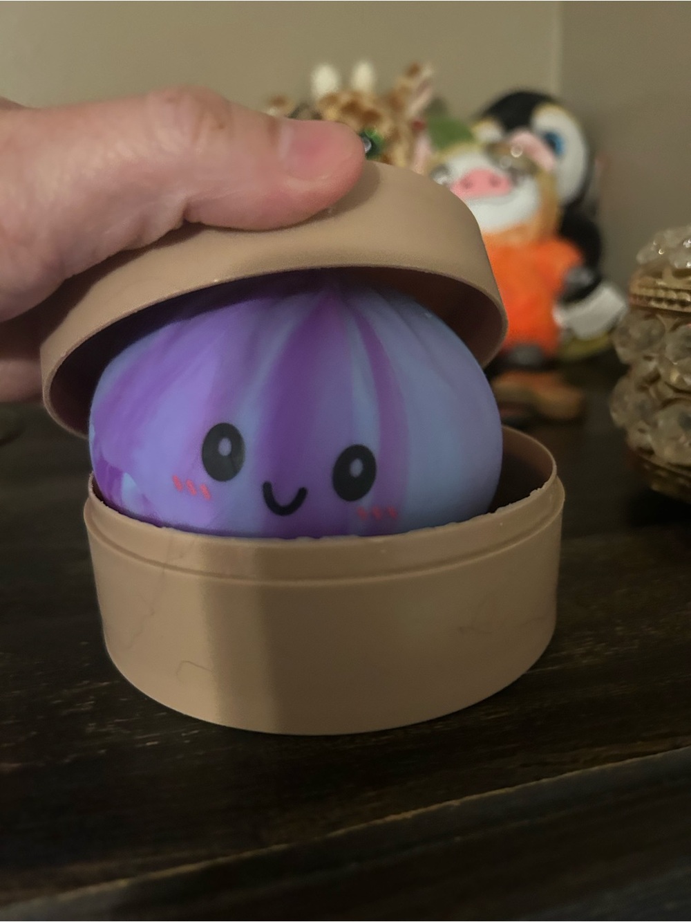 Purple Smiling Squishy in Tan Round Case